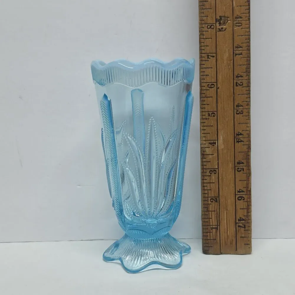 Vintage Fenton Cactus Blue Opalescent Glass Vase 7 Inches